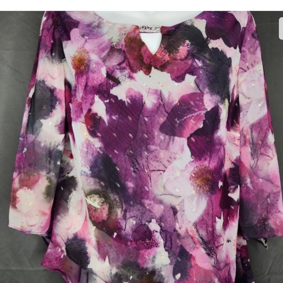 NWT Alex Evenings Tiered Ruffle Short Sleeve Top Purple Floral Shimmer Women's M - Picture 4 of 10